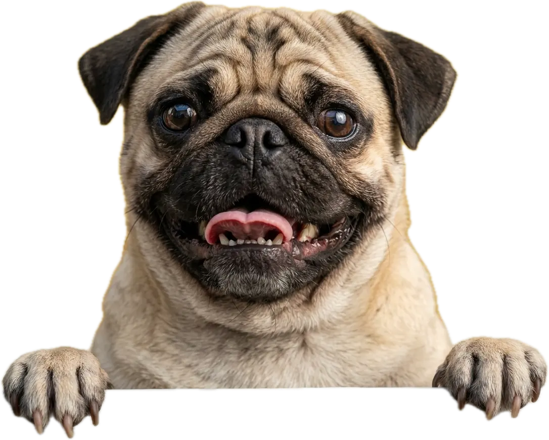 Happy pug resting its paws on the search card
